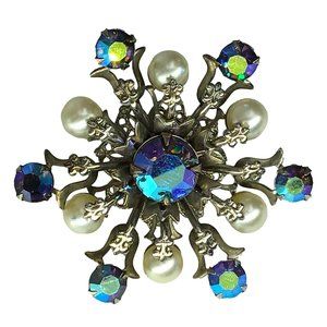 Vintage Brooch AB Crystals Faux Pearl Silver Tone
